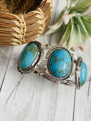 Navajo Old Pawn Vintage Turquoise & Sterling Silver Bracelet Signed