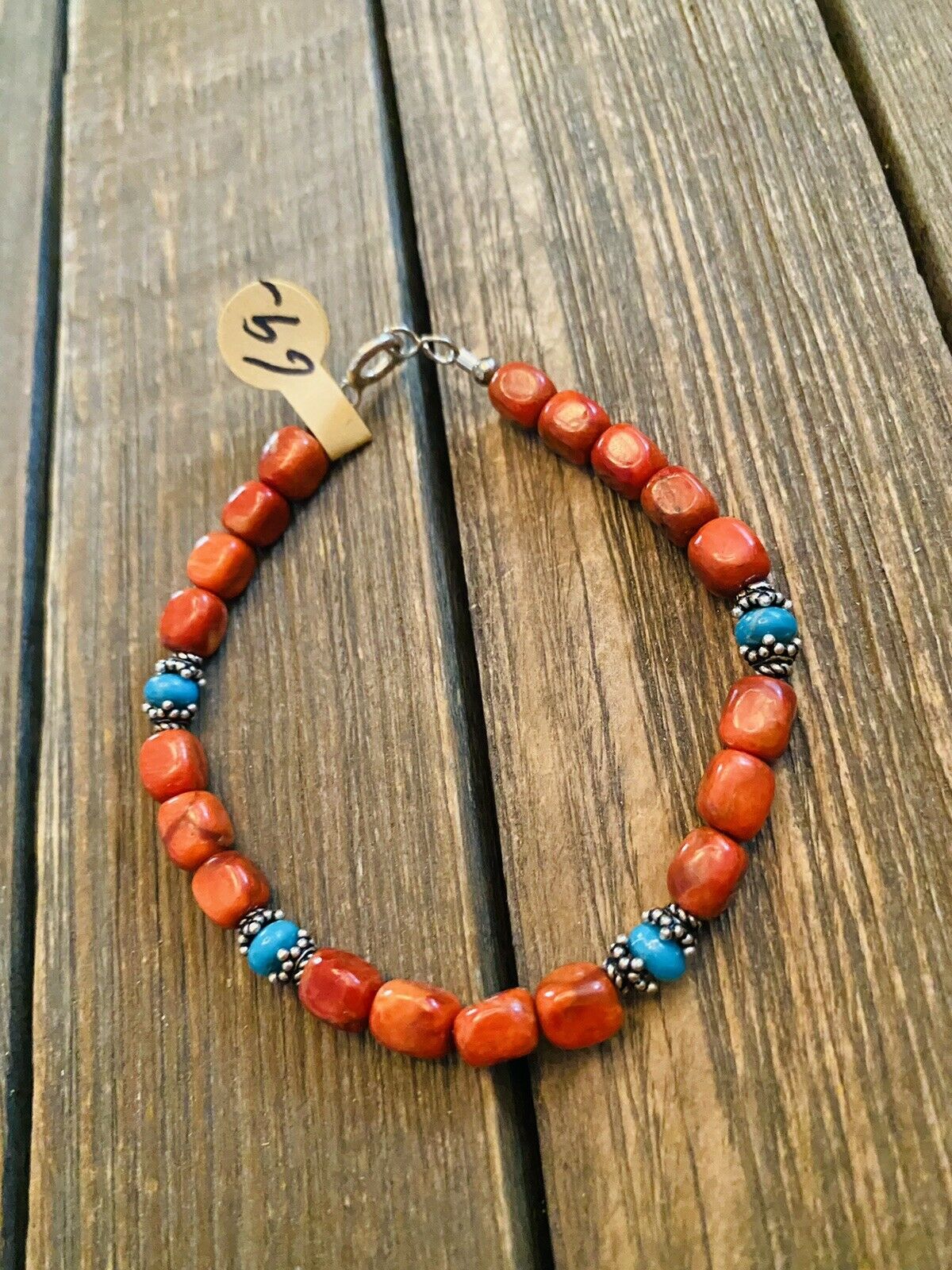 Navajo Coral, Turquoise & Sterling Silver Beaded Bracelet