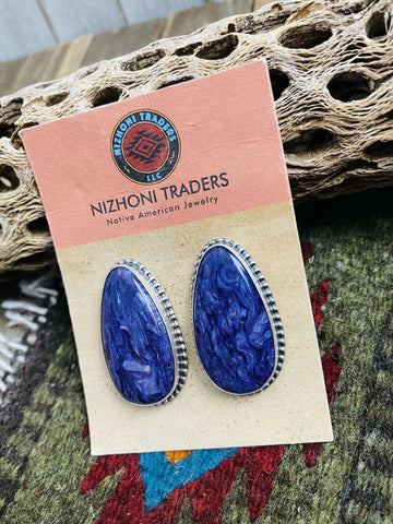 Navajo Charoite And Sterling Silver Post Earrings Signed