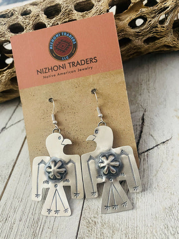 Navajo Hand Stamped Sterling Silver Thunderbird Dangle Earrings By Tim Yazzie