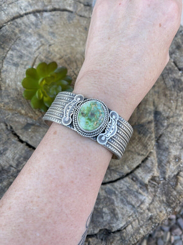 Navajo Sterling Silver & Sonoran Gold Turquoise Cuff Bracelet Signed & Stamped