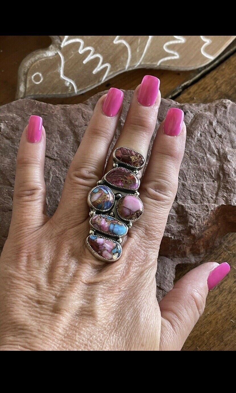 Navajo Pink Dream Mohave & Sterling Silver 6 Stone Ring