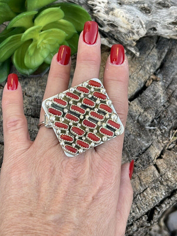 Navajo Sterling Silver Square Platform Red Coral Ring Sz 8