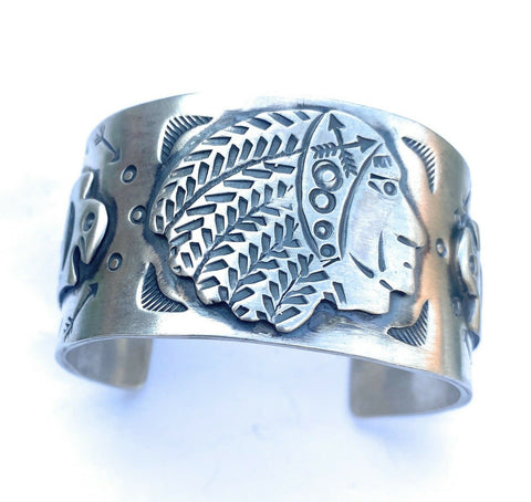 Navajo Sterling Silver Hand Stamped Native American Chief Cuff Bracelet