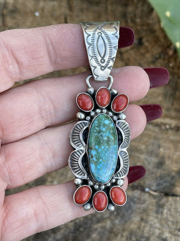 Navajo Sterling Kingman Web Turquoise & Red Coral Pendant Taos Collection