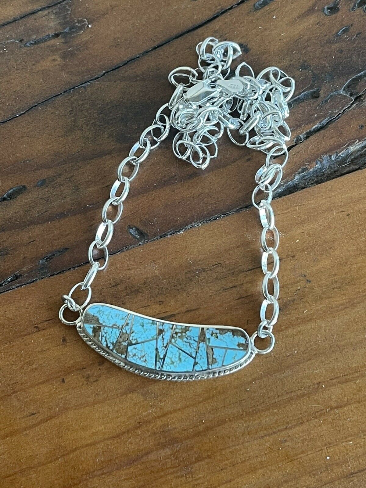 Navajo Sterling Silver & Turquoise Inlay Sleek Pendant Necklace