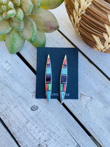 Navajo Multi Stone And Sterling Silver Inlay Dangle Earrings