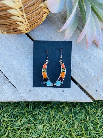 Navajo Multi Stone And Sterling Silver Inlay Dangle Earrings