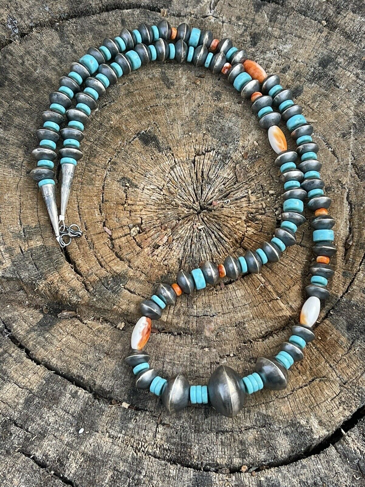 Navajo Sterling Silver Handmade Turquoise and Spiny Beaded Necklace Set