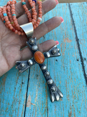 Navajo Sterling Silver & Orange Spiny Shell  Cross Pendant Chimney Butte