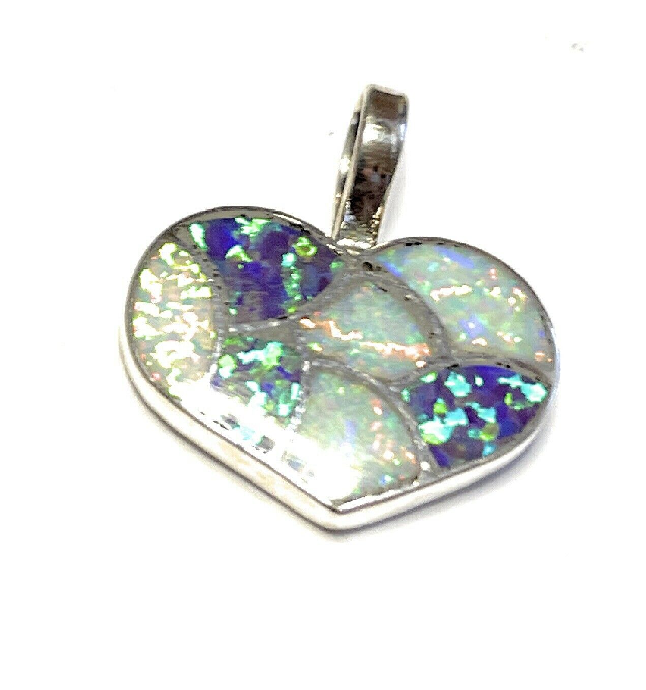 Zuni Iridescent Blue / White  Opal & Sterling Silver Heart Pendant