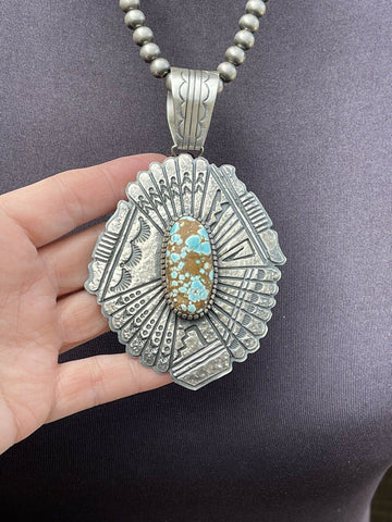 Navajo Number 8  Turquoise & Sterling Tufa Cast Jumbo Pendant Signed