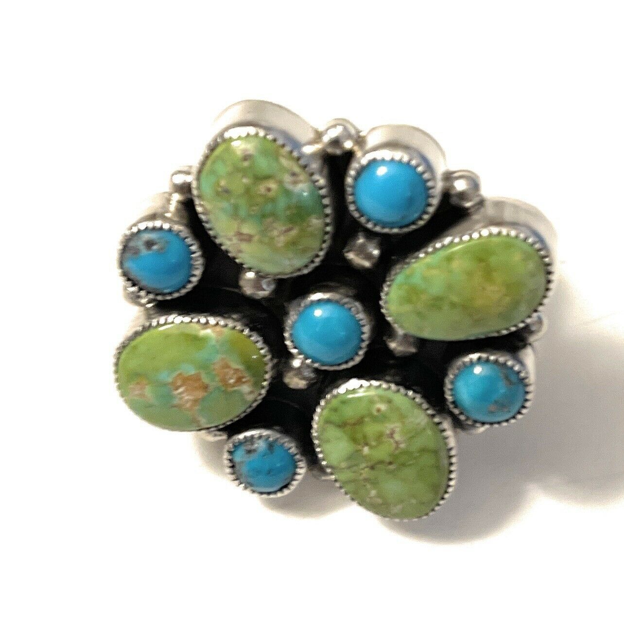 Navajo Sterling Sonoran Gold And Golden Hills Turquoise Cluster Ring Size 7