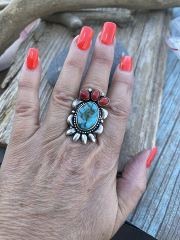 Navajo Sterling Kingman Web Turquoise & Red Coral Taos Collection Ring Sz 6