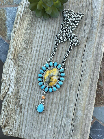 Navajo Bumblebee , Spiny & Turquoise Sterling Drop Cluster Necklace Signed