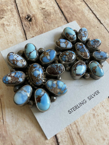 Navajo Sterling Silver & Golden Hills Turquoise  Cluster Post Earrings Signed