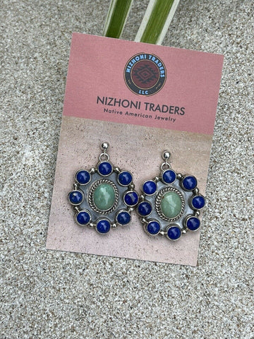 Navajo Sterling Silver Lapis & Turquoise Stone Cluster Dangle Earrings B. Lee