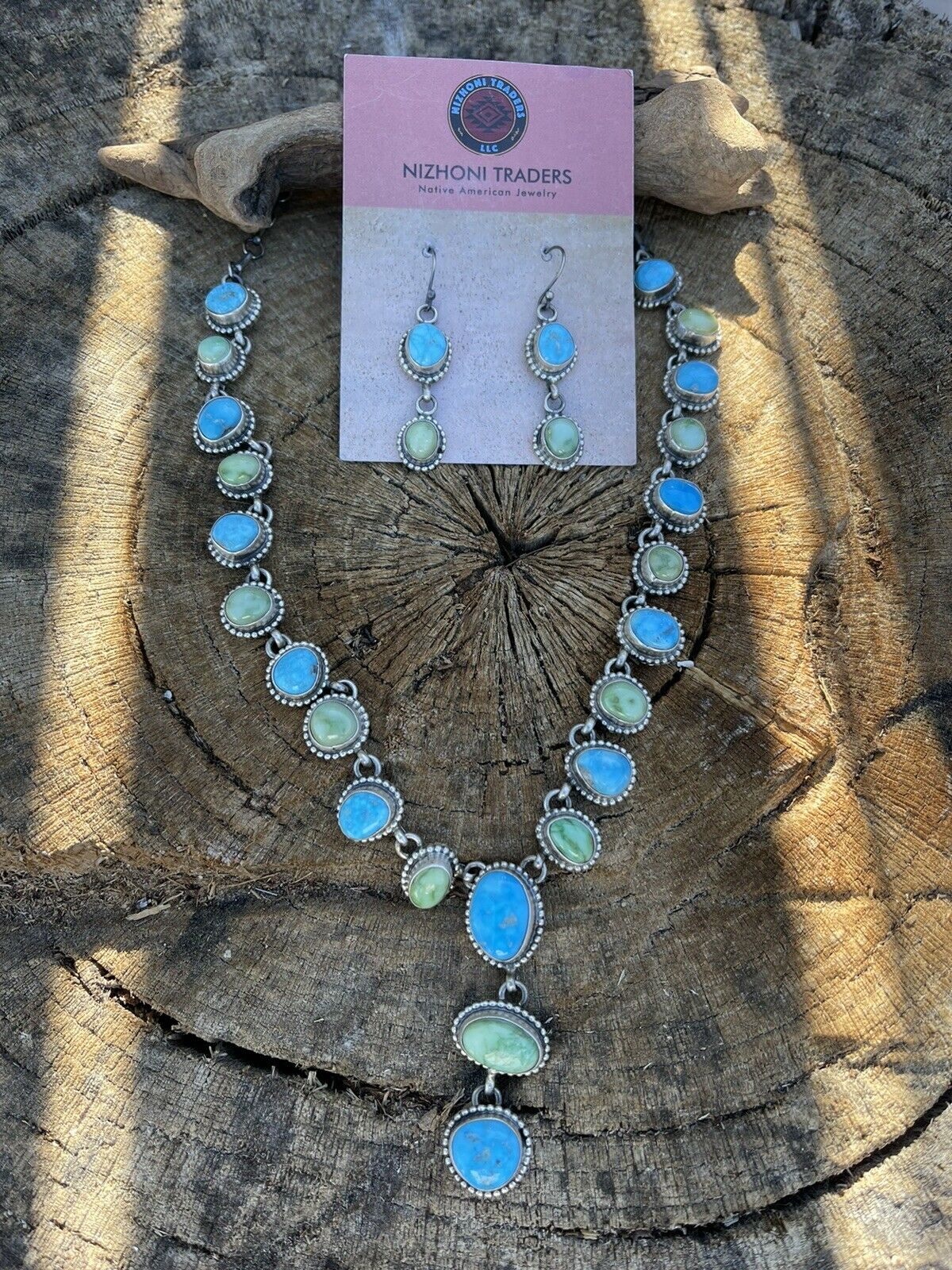 Navajo Sonoran Gold Turquoise & Golden Hills Turquoise Silver Lariat Earring Set