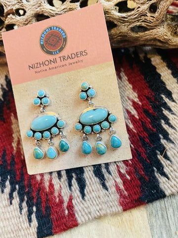 Navajo Turquoise & Sterling Silver Cluster Dangle Earrings Signed