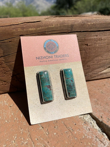 Navajo Sterling & Turquoise Rectangle Post Earrings Signed J. Frank