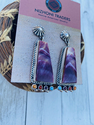 Navajo Sterling Silver, Spiny & Turquoise Dangle Earrings Signed