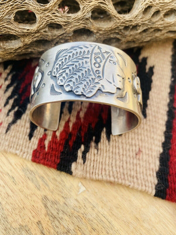 Navajo Sterling Silver Hand Stamped Native American Chief Cuff Bracelet