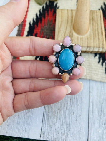 Navajo Rhodochrosite, Turquoise & Sterling Silver Cluster Ring Size 8.5