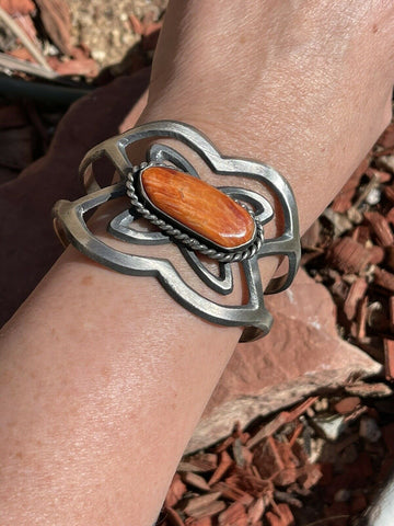 Navajo Orange Spiny & Sterling Silver Cuff Bracelet By Chimney Butte Signed