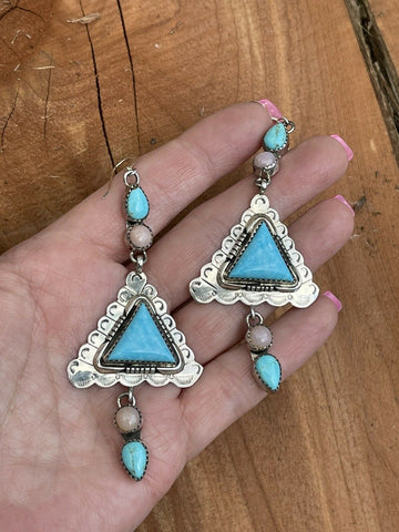 Navajo Sterling Southwest Triangle Pink Jasper Turquoise  Hook Dangle Earrings