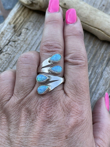 Navajo Sterling Silver Bright Blue Opal Adjustable 4 Stone Ring