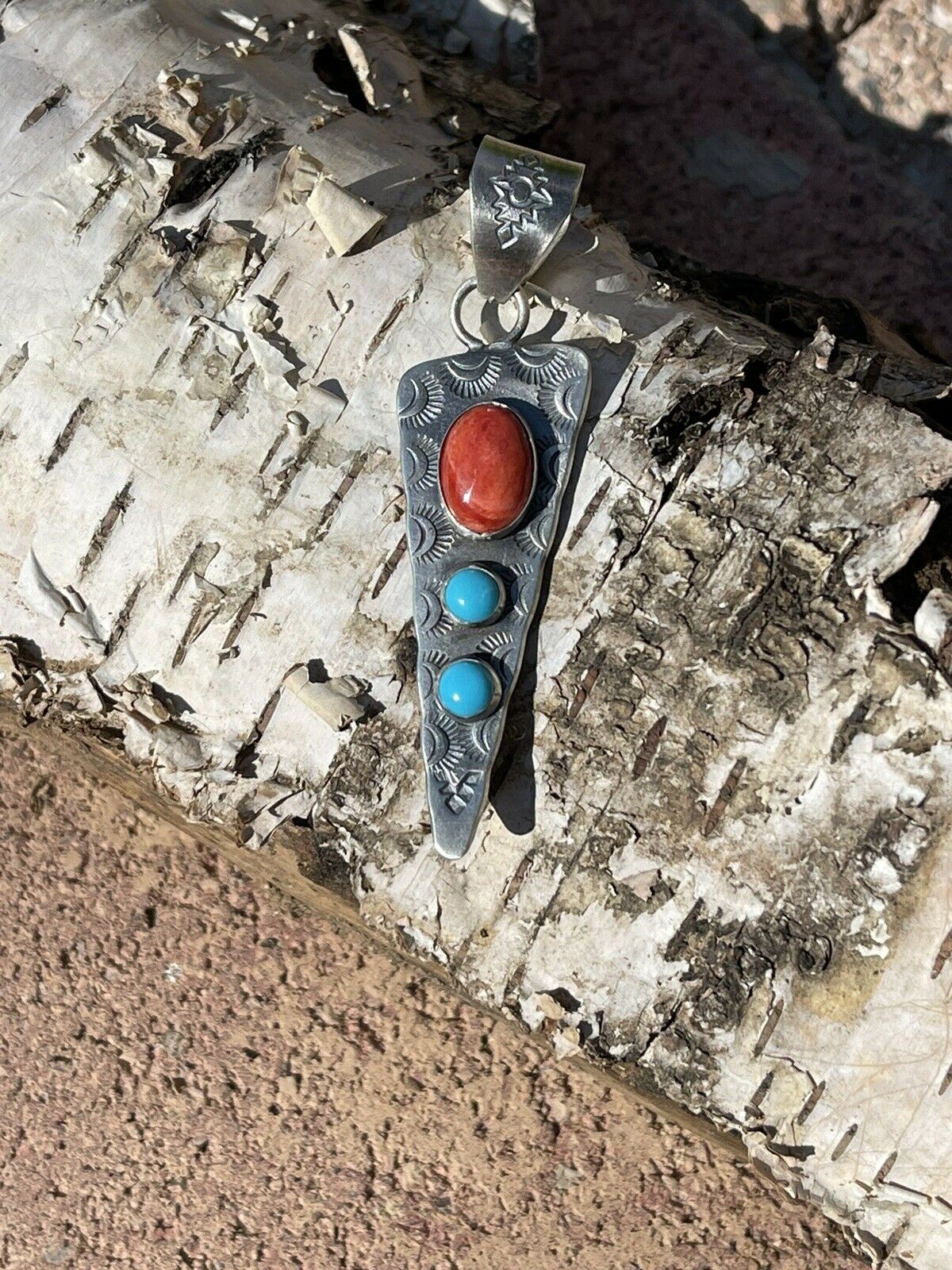 Navajo Handmade Sterling Silver Arrow Turquoise and Spiny Pendant