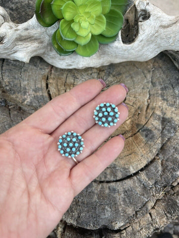 Zuni Sterling Silver & Turquoise Cluster Stud Earrings Signed LW