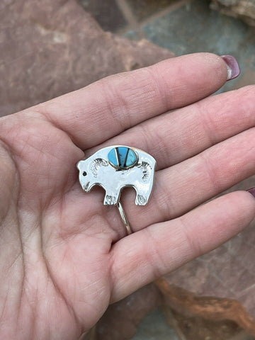 Navajo Sterling Silver Multi Stone Buffalo Pendant Pin Signed