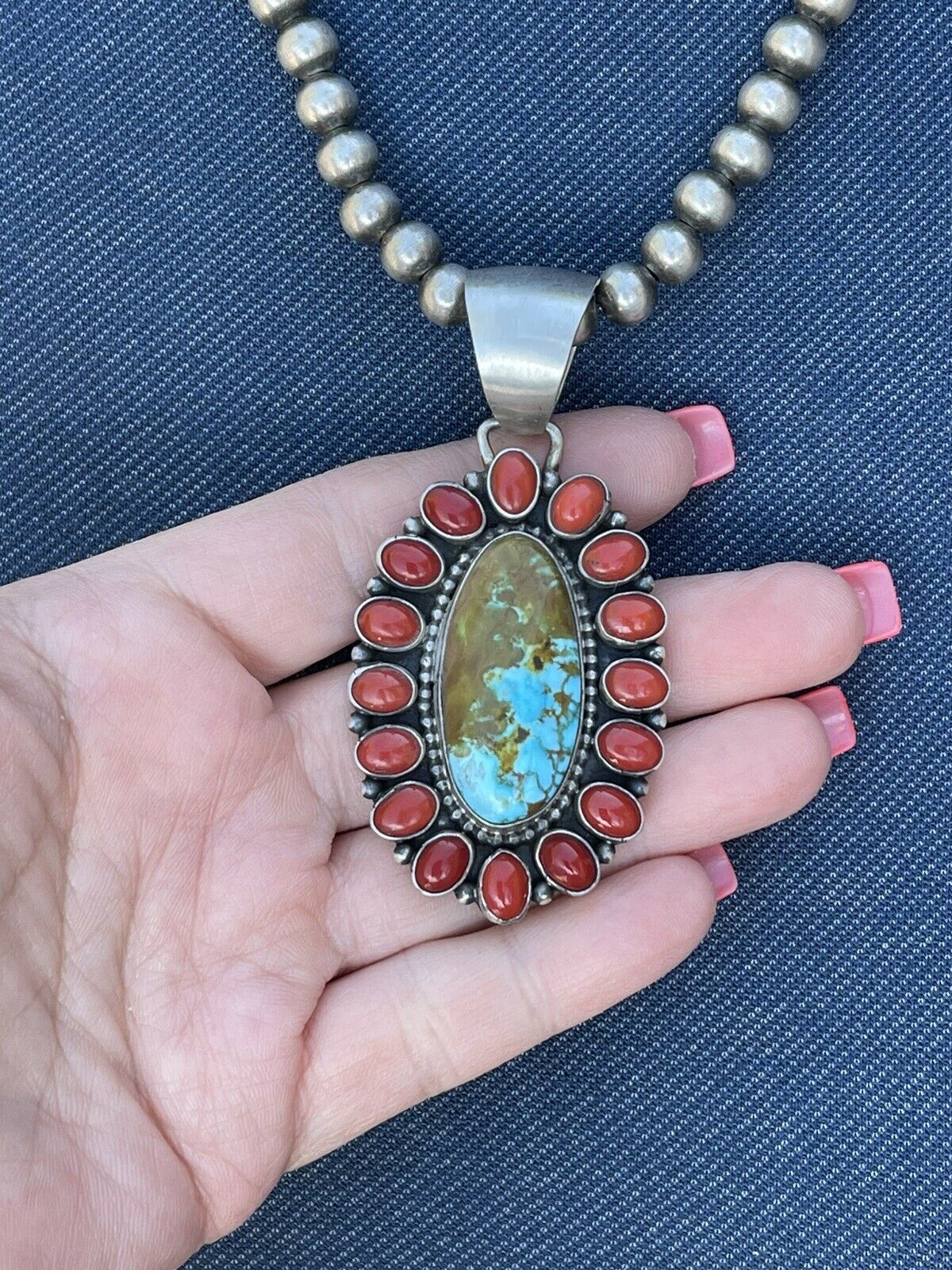 Navajo Sterling Silver Kingman Web Turquoise & Red Coral Taos Cluster Pendant