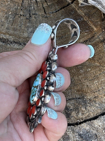 Navajo Sterling Kingman Web Turquoise & Red Coral Taos Ornate Pendant D. Clark