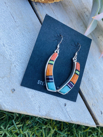 Navajo Multi Stone And Sterling Silver Inlay Dangle Earrings