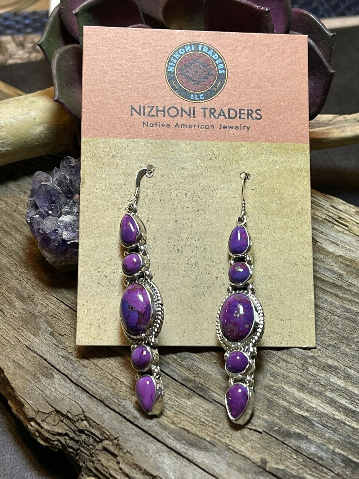 Navajo Sterling Silver Purple Mojave Dangle Fancy Earrings Signed