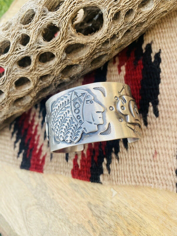 Navajo Sterling Silver Hand Stamped Native American Chief Cuff Bracelet