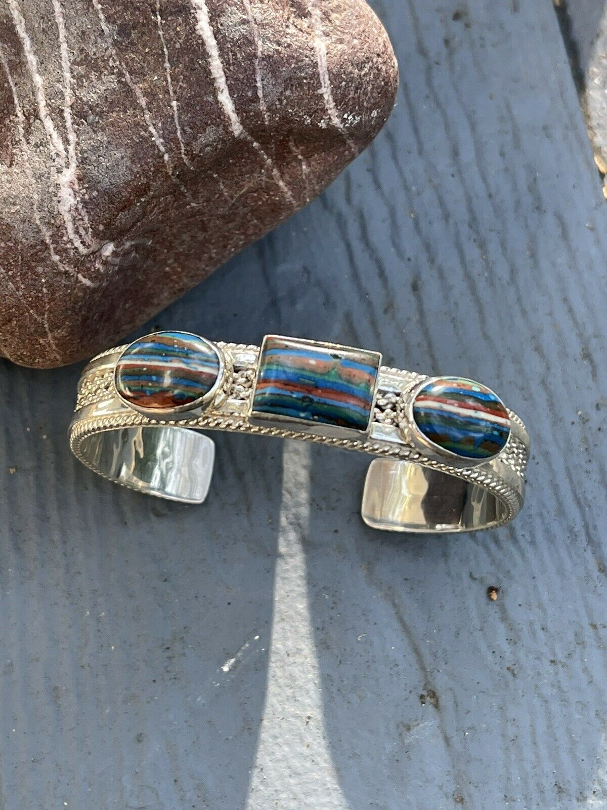 Unique Navajo Sterling Silver & Rainbow Stone Elegant Cuff Bracelet