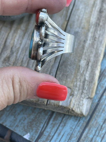 Navajo Sterling Kingman Web Turquoise & Red Coral Taos Collection Ring Sz 6