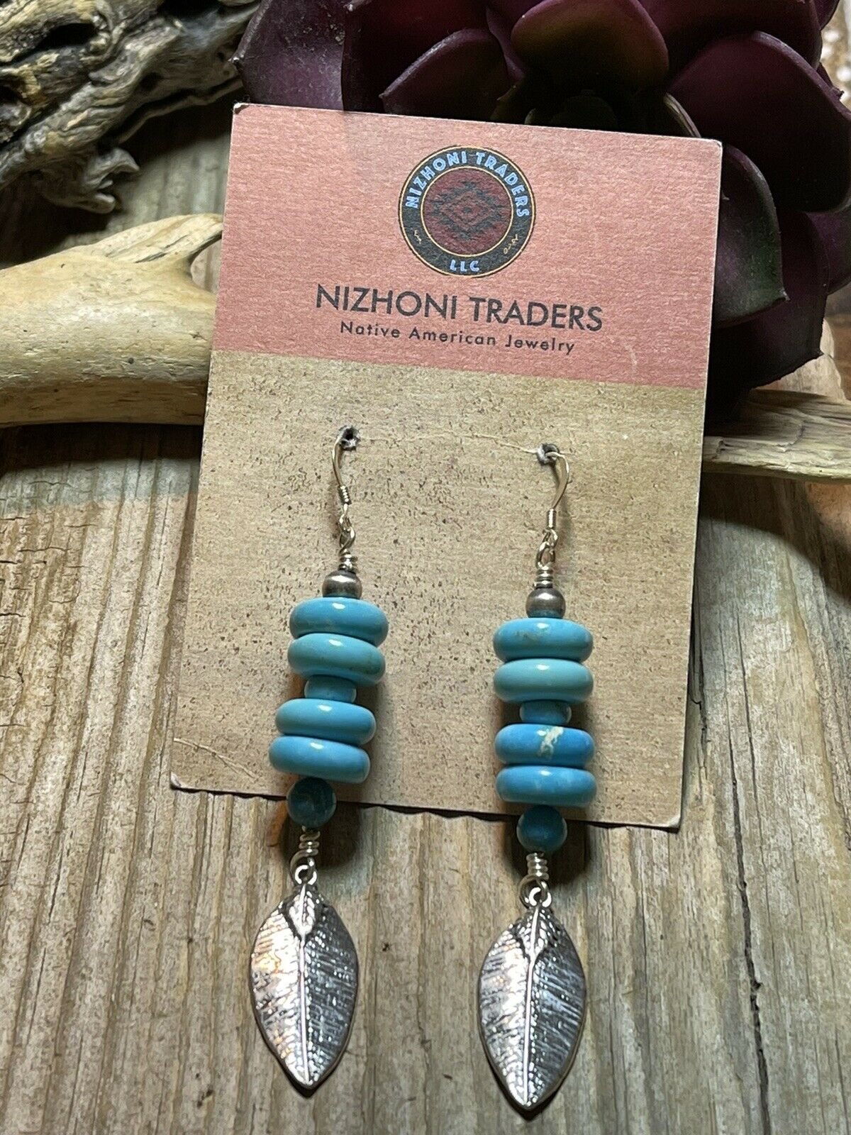 Navajo Sterling Silver & Blue Turquoise Leaf Dangle Earrings