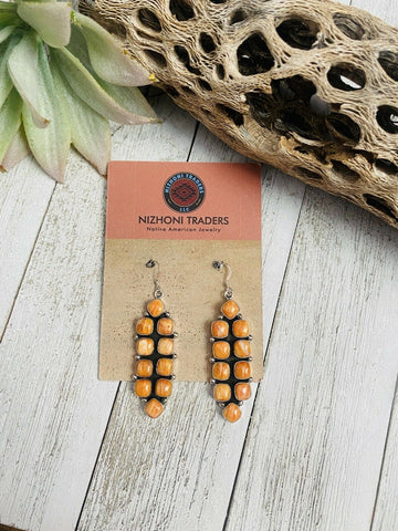 Navajo Sterling Silver & Orange Spiny Oyster Dangle Earrings