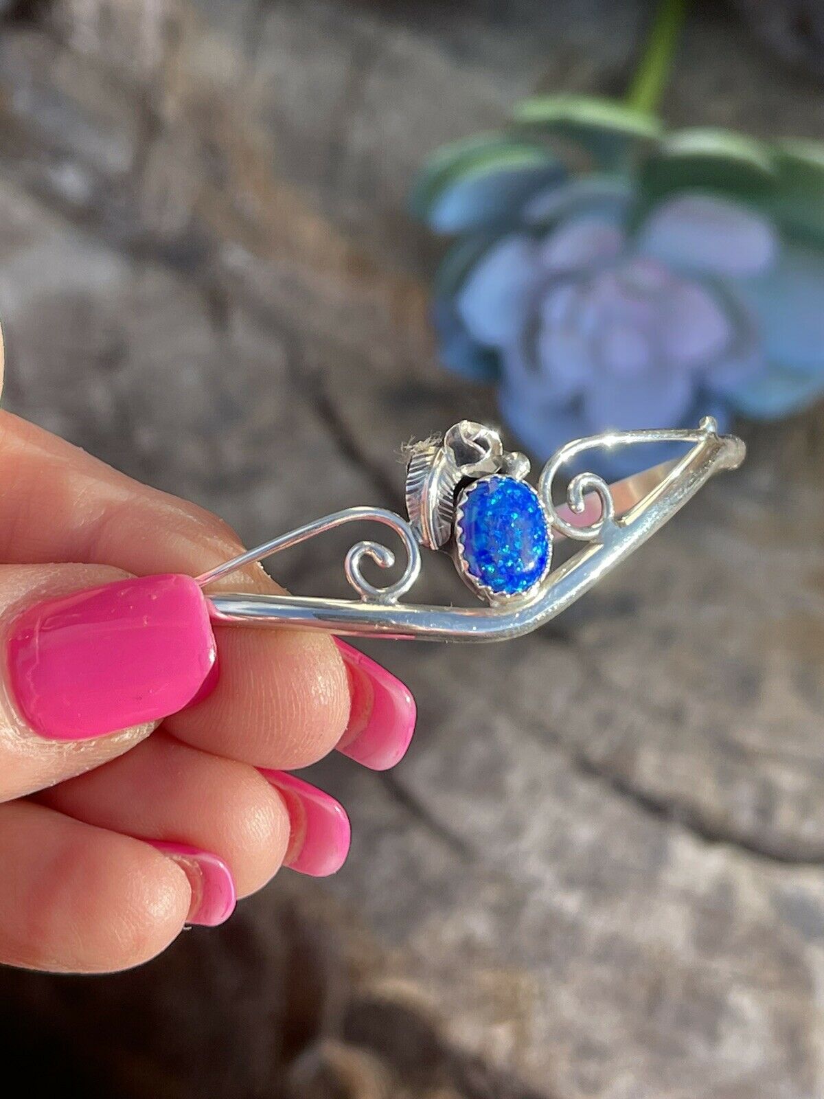 Navajo Sterling Silver Bright Blue Opal Bracelet