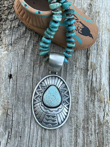 Navajo Dry Creek Turquoise Stone & Sand Cast Sterling Silver Pendant Signed