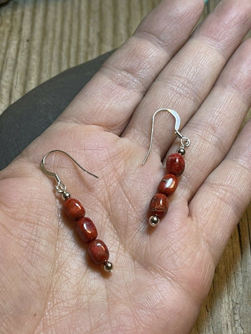 Navajo Sterling Silver 3 Stone Apple Coral Dangle Earrings