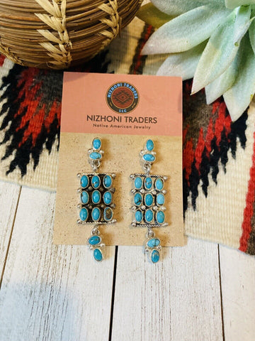 Navajo Turquoise & Sterling Silver Cluster Dangle Earrings Signed