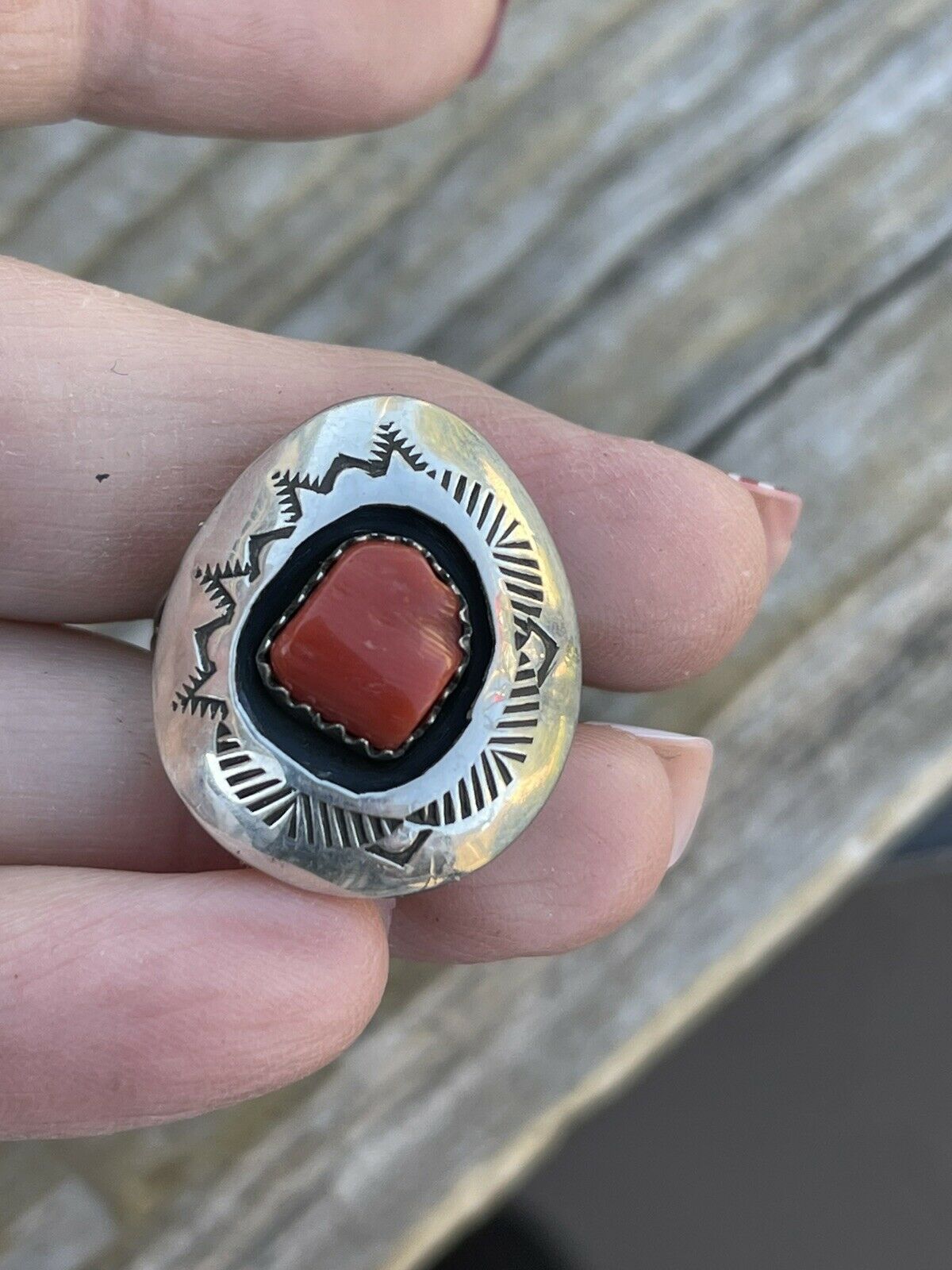 Navajo Sterling Silver Natural Red Coral Shadow Box Ring Sz 8