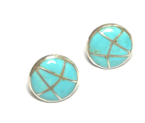 Navajo Sterling Silver & Turquoise Inlay Circle Post Earrings Signed K