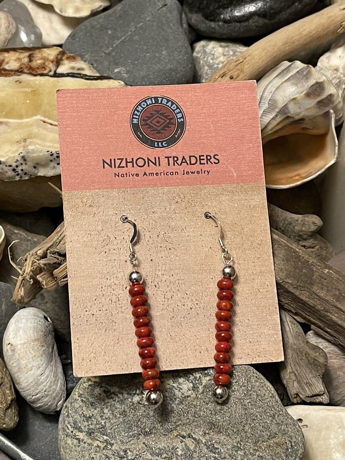 Navajo Sterling Silver Apple Coral Beaded Dangle Earrings