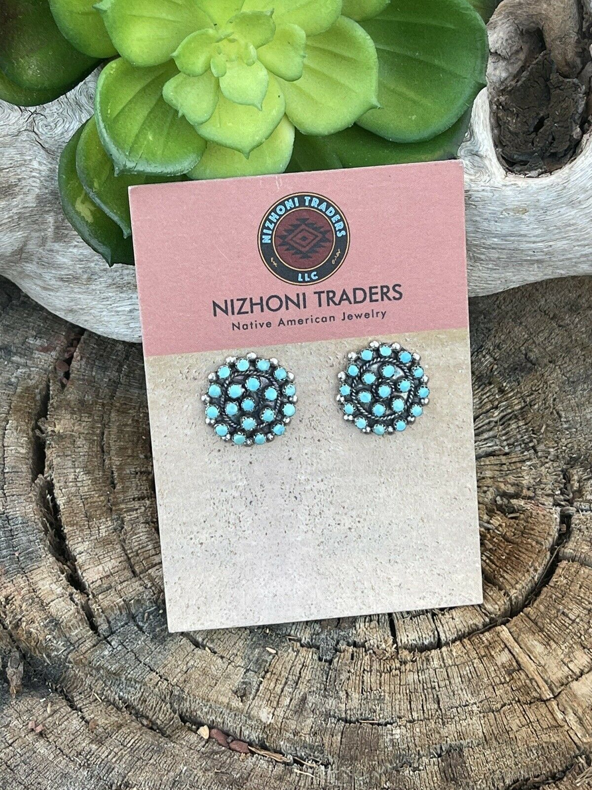 Zuni Sterling Silver & Turquoise Cluster Stud Earrings Signed LW